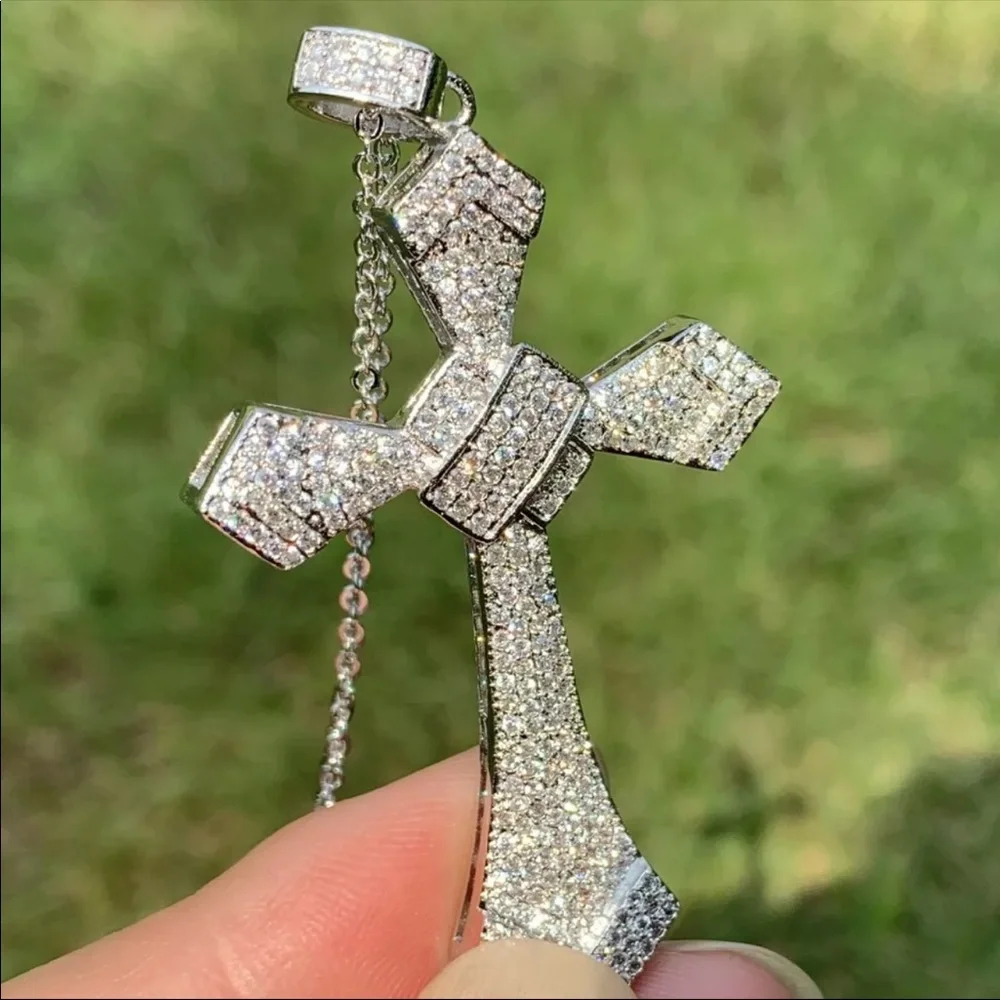 New Women’s Men 925 Silver Big Cross Diamond Necklace - Picture 3 of 7